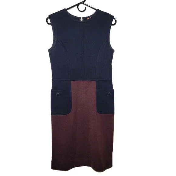 Tory Burch Brianna Sleeveless Colorblock Sheath Dress Navy Burgundy Pockets SZ S